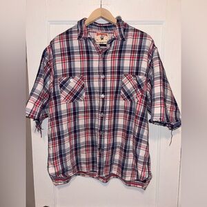 Birdwell Beach Frayed Shirt 3XL USA Plaid Short Sleeve Button Cotton Surf